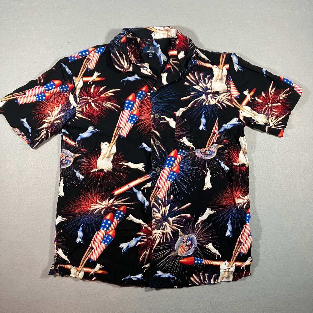 George Men M Cat Fireworks Rocket American Flag Button Down Shirt Patriotic USA